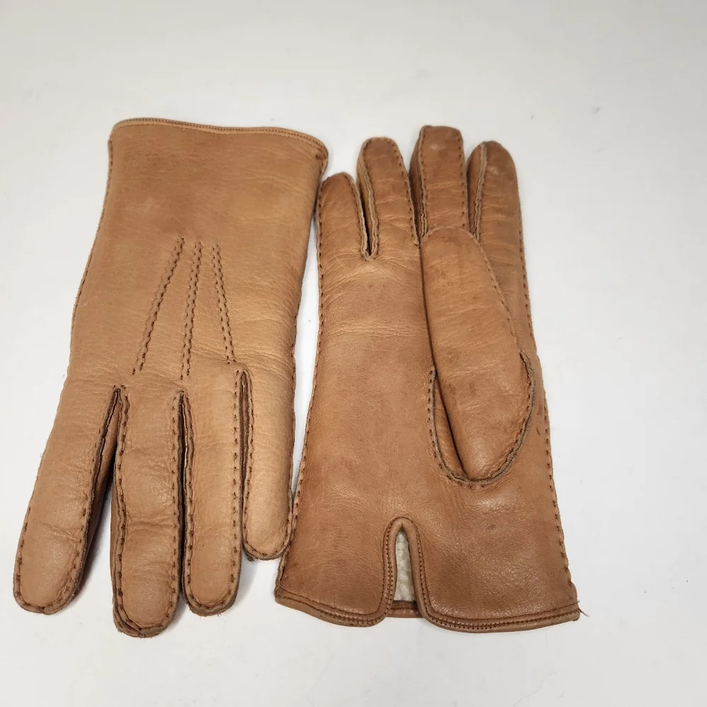 vintage leather khaki driving gloves saks fifith avenue sherpa lined womens 80s